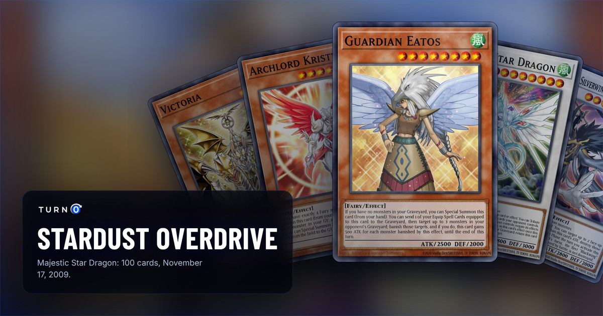 Five of the most valuable Stardust Overdrive cards fanned out: Victoria, Archlord Kristya, Guardian Eatos in front, Majestic Star Dragon and Blackwing - Silverwind the Ascendant.