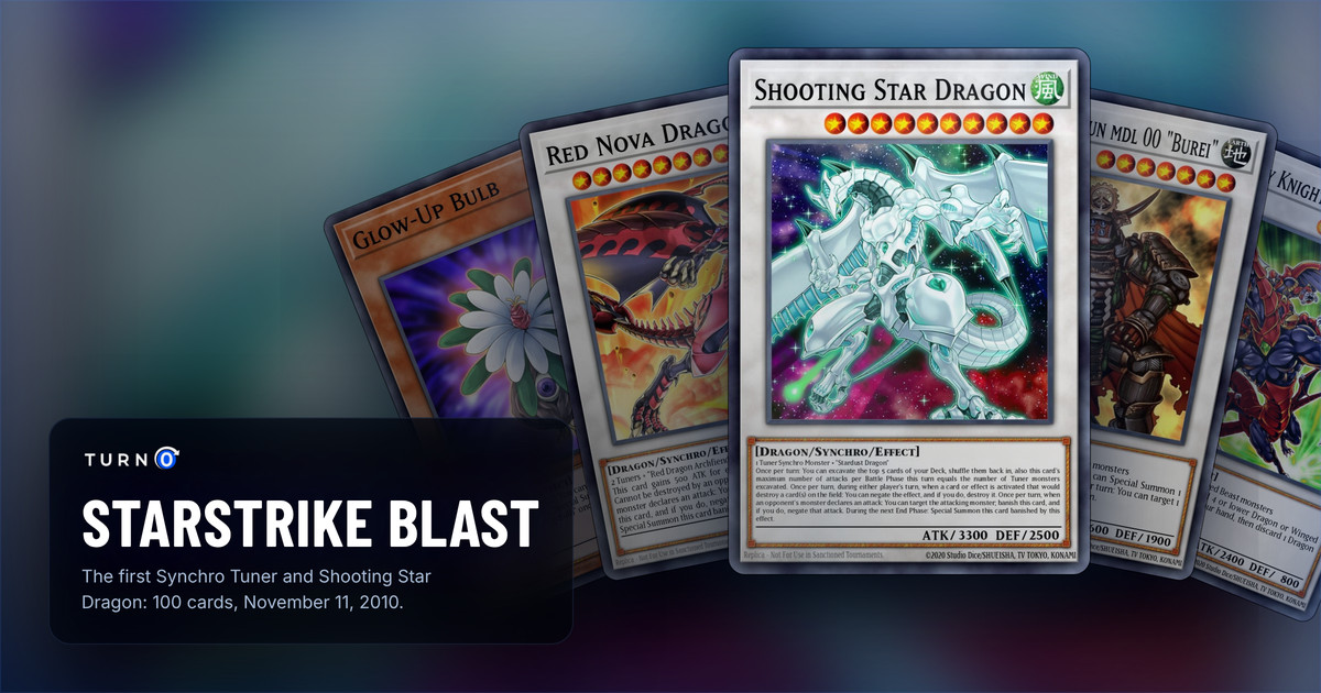 Five of the most valuable Starstrike Blast cards fanned out: Glow-Up Bulb, Red Nova Dragon, Shooting Star Dragon in front, Karakuri Shogun mdl 00 "Burei" and Dragunity Knight - Gae Dearg.