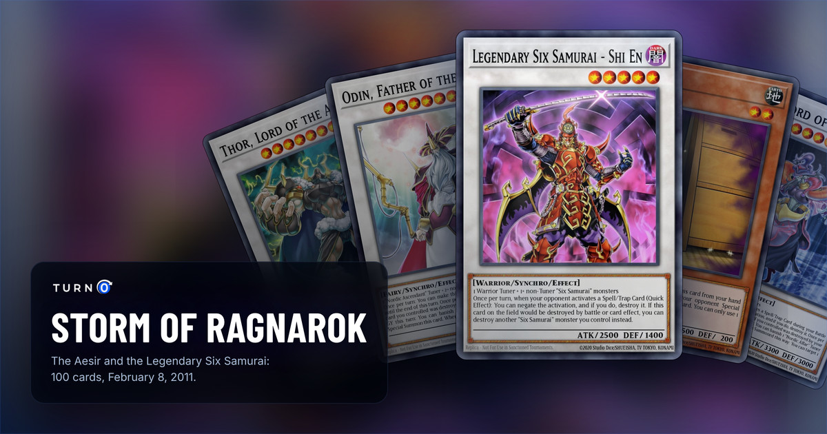Five of the most valuable Storm of Ragnarok cards fanned out: Thor, Lord of the Aesir, Odin, Father of the Aesir, Legendary Six Samurai - Shi En in front, Maxx "C" and Loki, Lord of the Aesir.