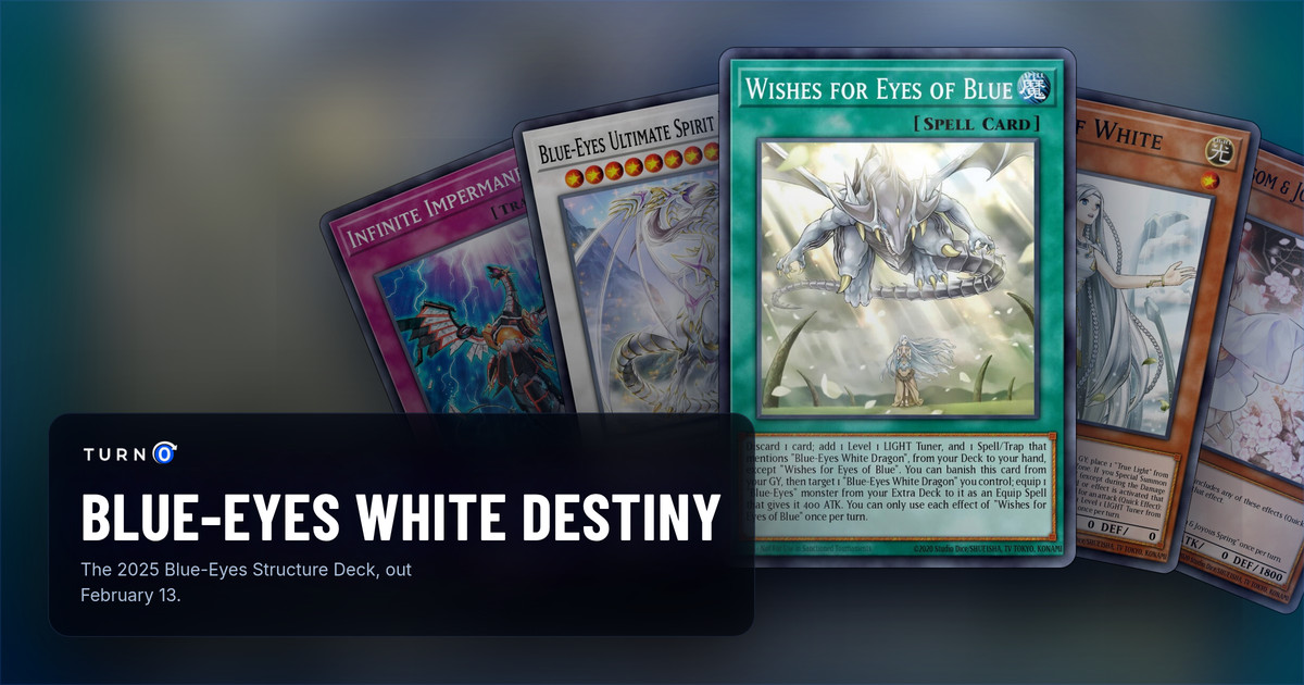 Five of the most valuable Structure Deck: Blue-Eyes White Destiny cards fanned out: Infinite Impermanence, Blue-Eyes Ultimate Spirit Dragon, Wishes for Eyes of Blue in front, Maiden of White and Ash Blossom & Joyous Spring.