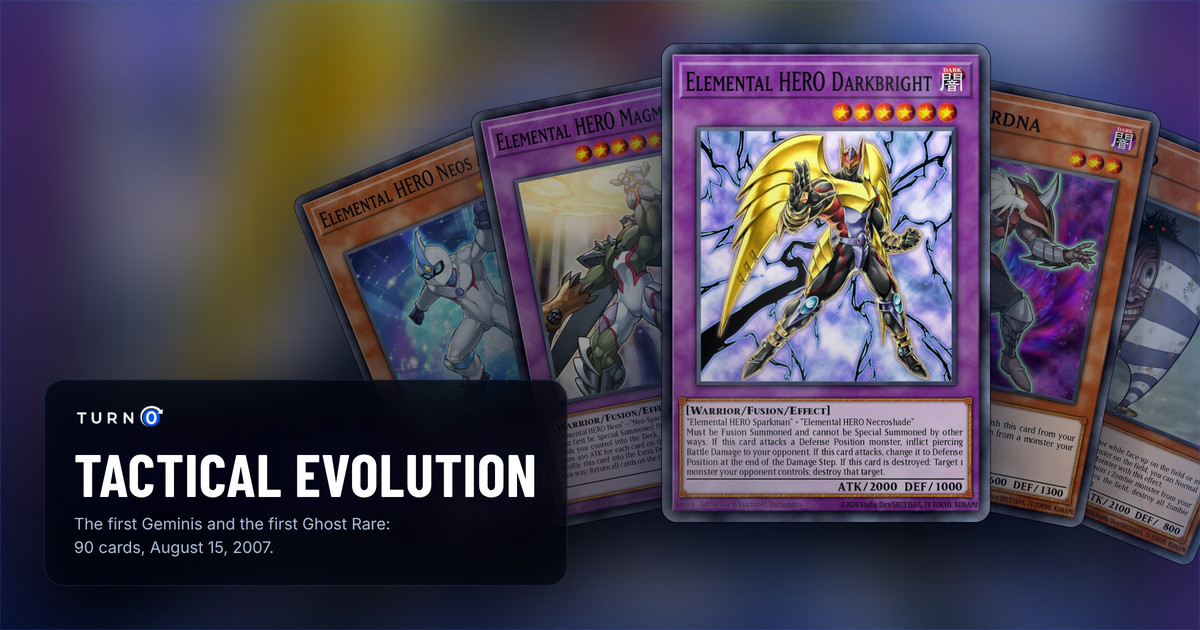 Five of the most valuable Tactical Evolution cards fanned out: Elemental HERO Neos Alius, Elemental HERO Magma Neos, Elemental HERO Darkbright in front, Necro Gardna and Il Blud.