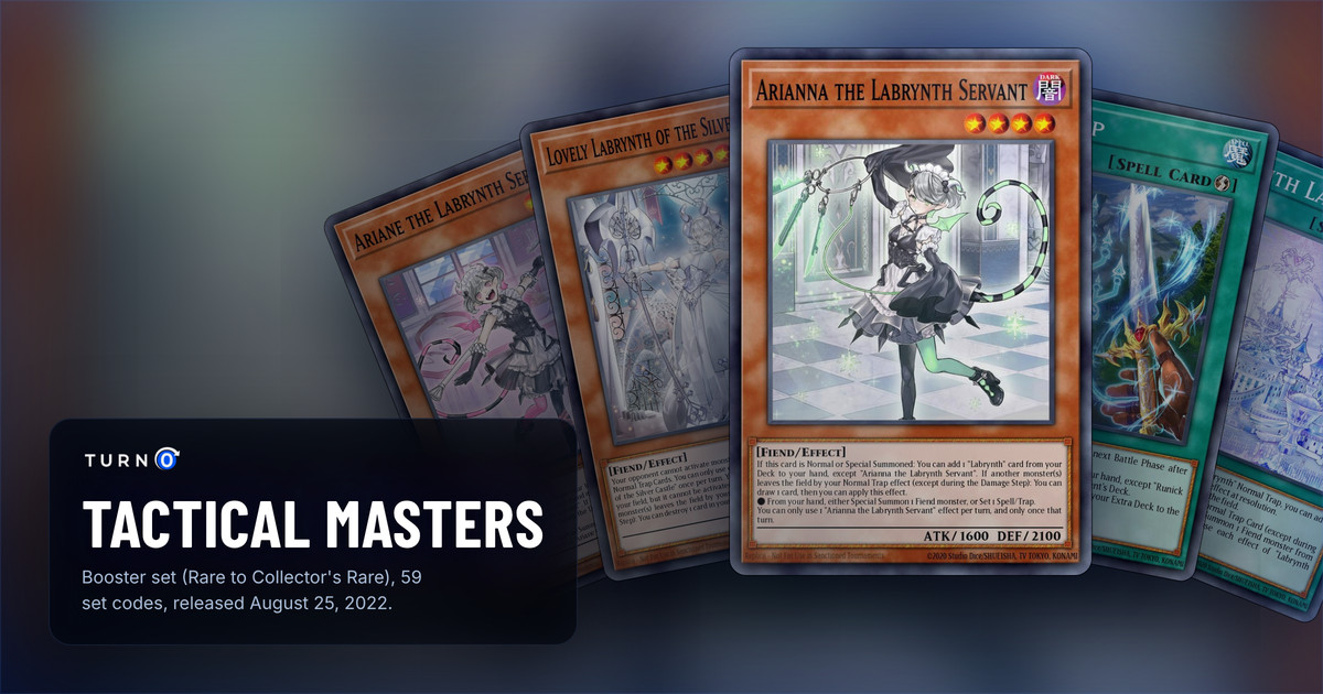 Five of the most valuable Tactical Masters cards fanned out: Ariane the Labrynth Servant, Lovely Labrynth of the Silver Castle, Arianna the Labrynth Servant in front, Runick Tip and Labrynth Labyrinth.
