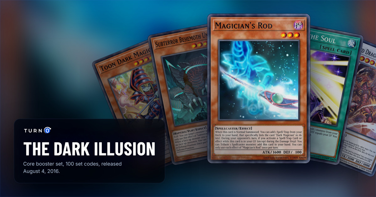 Five of the most valuable The Dark Illusion cards fanned out: Toon Dark Magician, Subterror Behemoth Umastryx, Magician's Rod in front, Card of the Soul and Tyrant Red Dragon Archfiend.