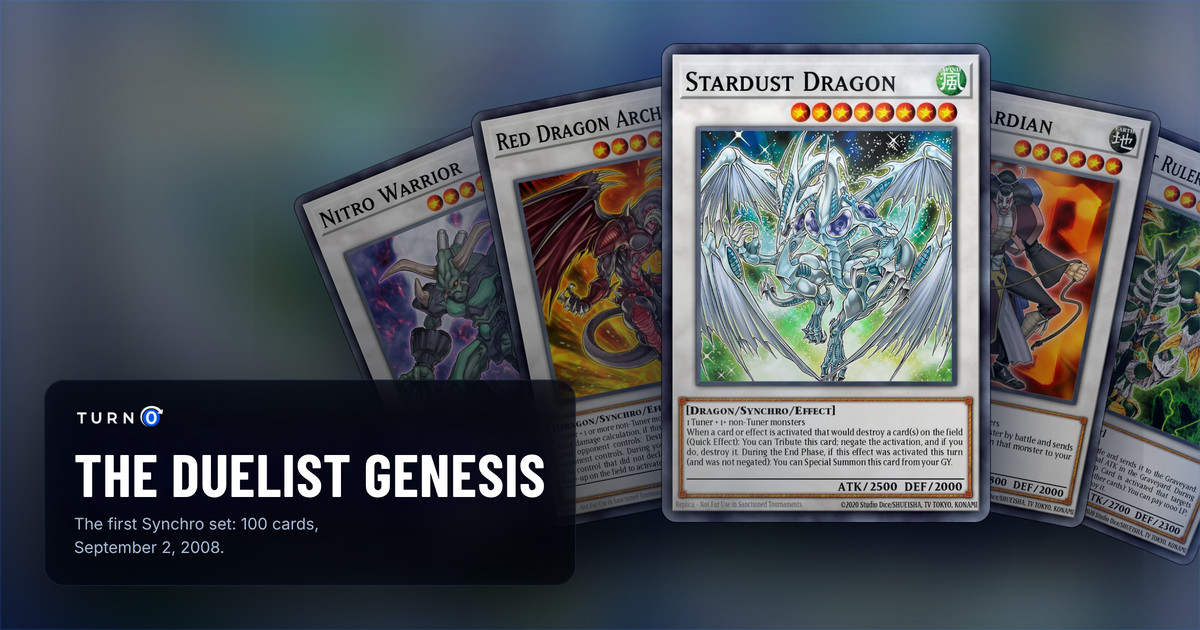 Five of the most valuable The Duelist Genesis cards fanned out: Nitro Warrior, Red Dragon Archfiend, Stardust Dragon in front, Goyo Guardian and Thought Ruler Archfiend.