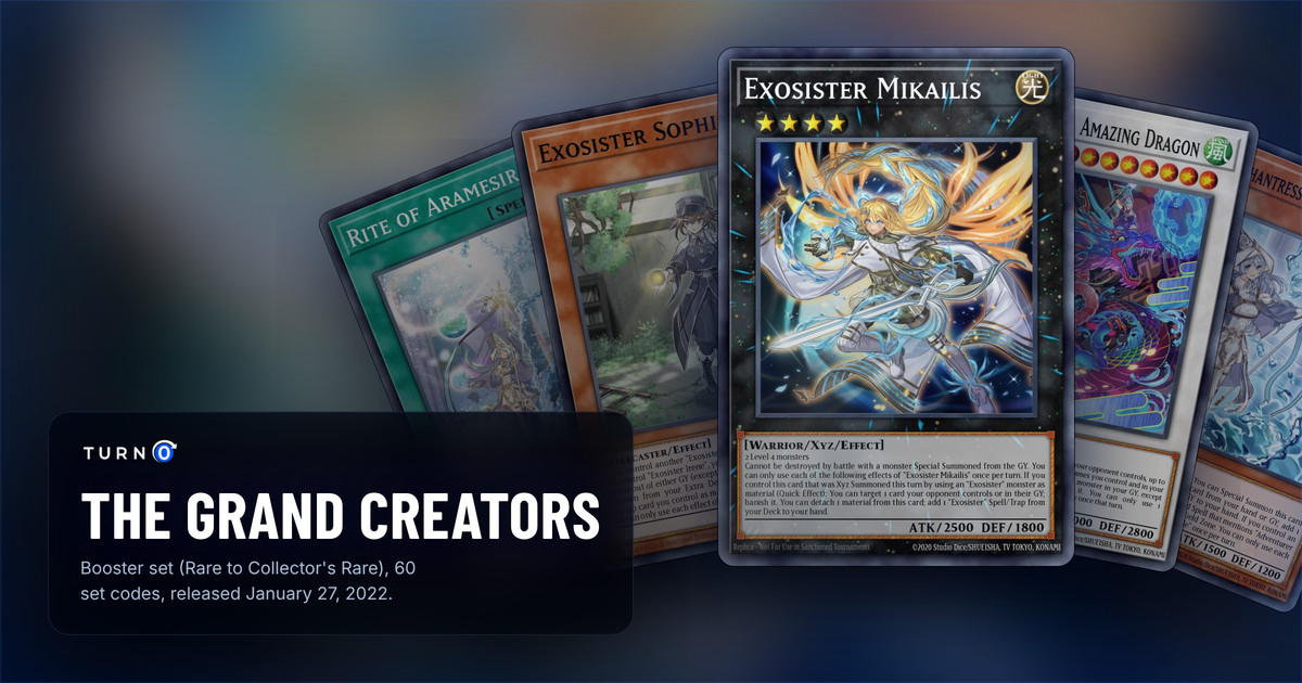 Five of the most valuable The Grand Creators cards fanned out: Rite of Aramesir, Exosister Sophia, Exosister Mikailis in front, Ukiyoe-P.U.N.K. Amazing Dragon and Water Enchantress of the Temple.