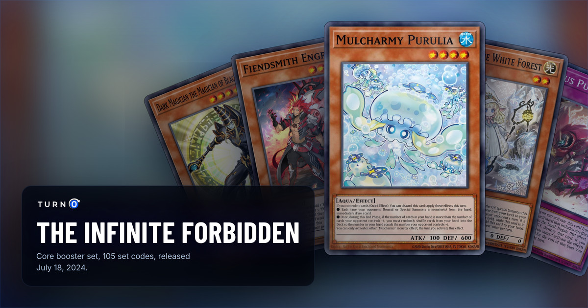 Five of the most valuable The Infinite Forbidden cards fanned out: Dark Magician the Magician of Black Magic, Fiendsmith Engraver, Mulcharmy Purulia in front, Elzette of the White Forest and Dominus Purge.