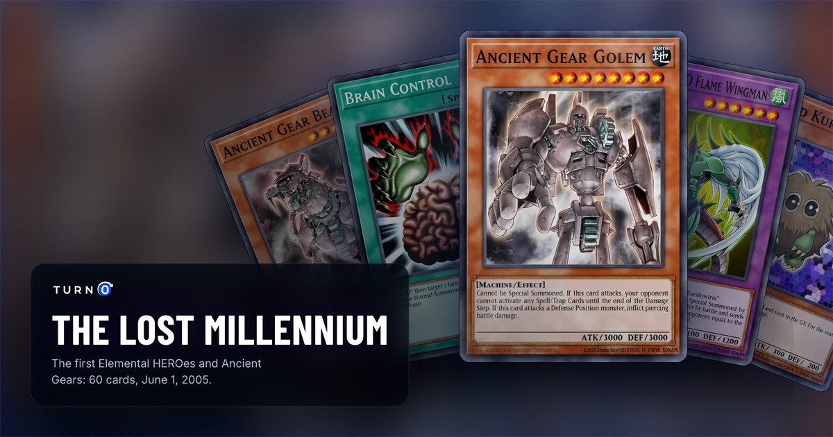 Five of the most valuable The Lost Millennium cards fanned out: Ancient Gear Beast, Brain Control, Ancient Gear Golem in front, Elemental HERO Flame Wingman and Winged Kuriboh.
