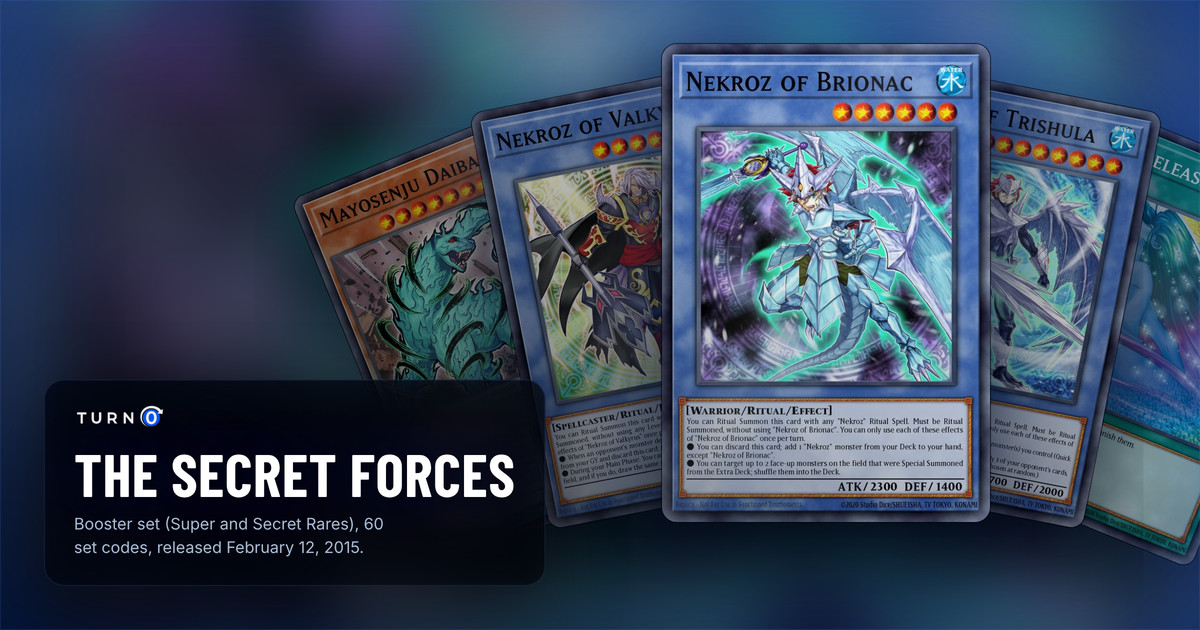 Five of the most valuable The Secret Forces cards fanned out: Mayosenju Daibak, Nekroz of Valkyrus, Nekroz of Brionac in front, Nekroz of Trishula and Soul Release.