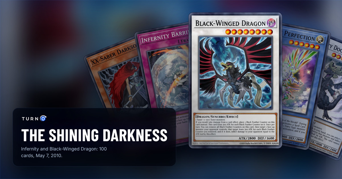 Five of the most valuable The Shining Darkness cards fanned out: XX-Saber Darksoul, Infernity Barrier, Black-Winged Dragon in front, Herald of Perfection and Infernity Doom Dragon.