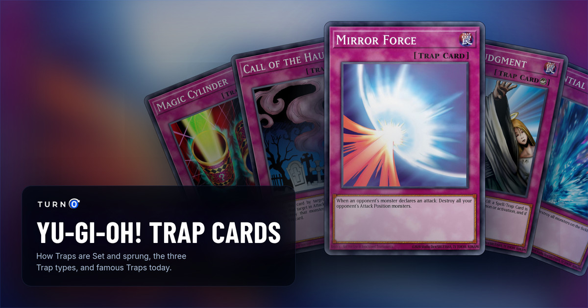 Five classic Yu-Gi-Oh! Trap Cards fanned out: Magic Cylinder, Call of the Haunted, Mirror Force in front, Solemn Judgment and Torrential Tribute.