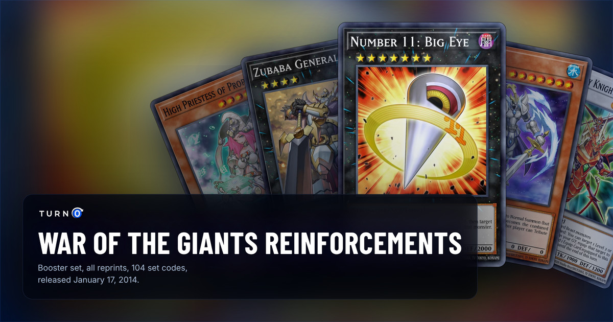Five War of the Giants Reinforcements cards fanned out: High Priestess of Prophecy, Zubaba General, Number 11: Big Eye in front, Fog King and Dragunity Knight - Vajrayana.