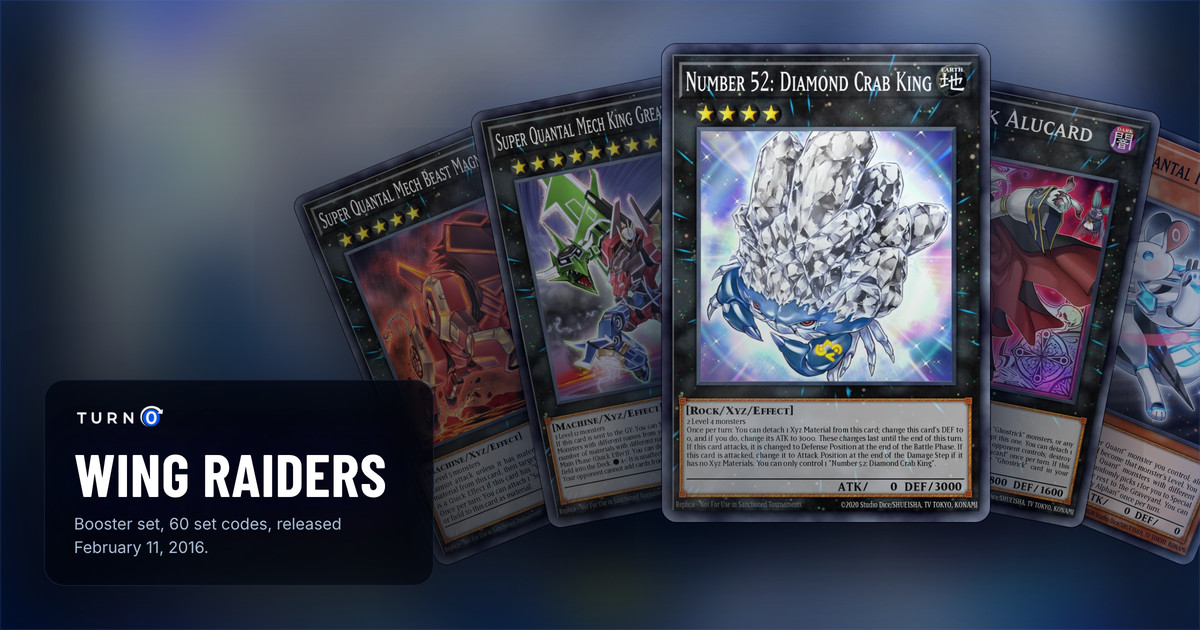 Five of the most valuable Wing Raiders cards fanned out: Super Quantal Mech Beast Magnaliger, Super Quantal Mech King Great Magnus, Number 52: Diamond Crab King in front, Ghostrick Alucard and Super Quantal Fairy Alphan.