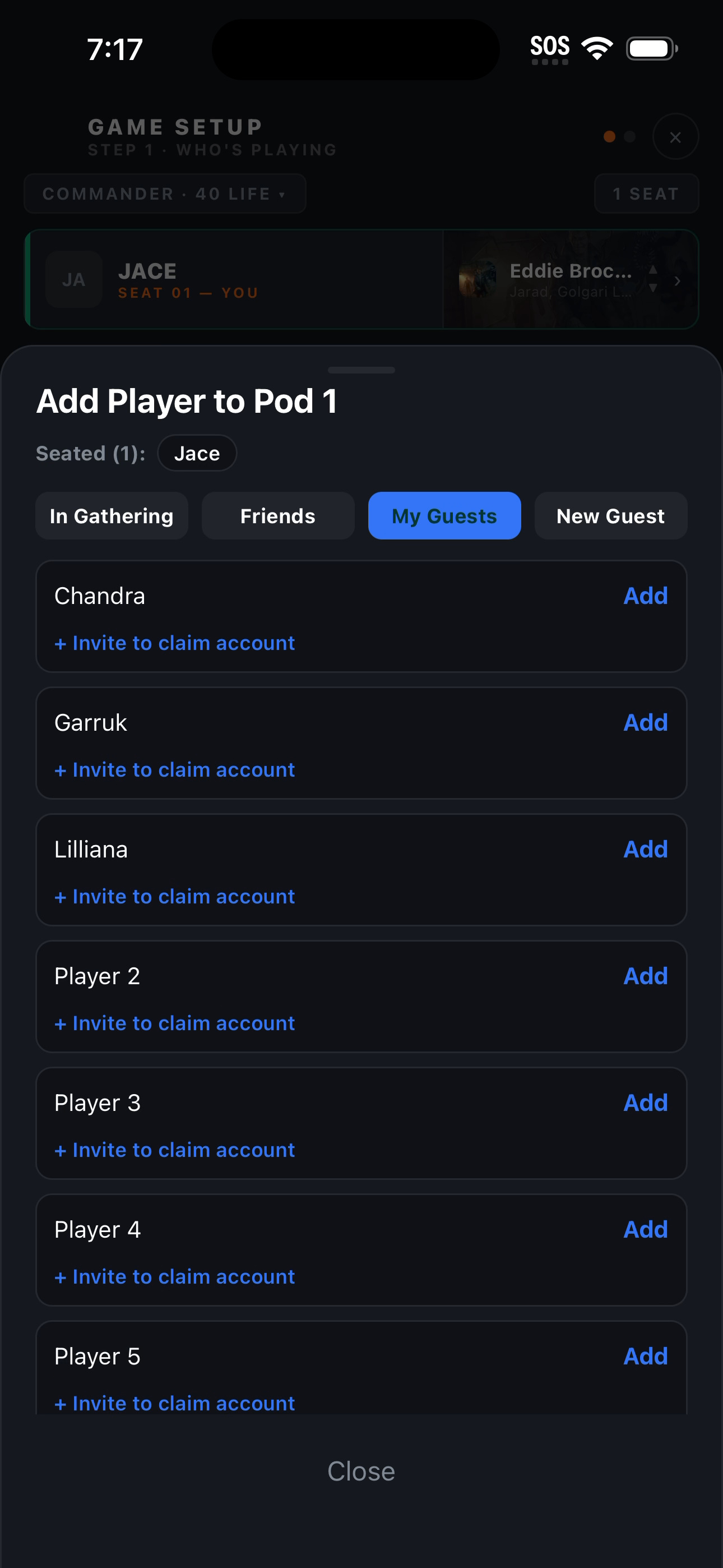 The Add Player sheet, with tabs for people already in the gathering, friends, saved guests and a new guest, and an Add button and an invite-to-claim-account link beside each name