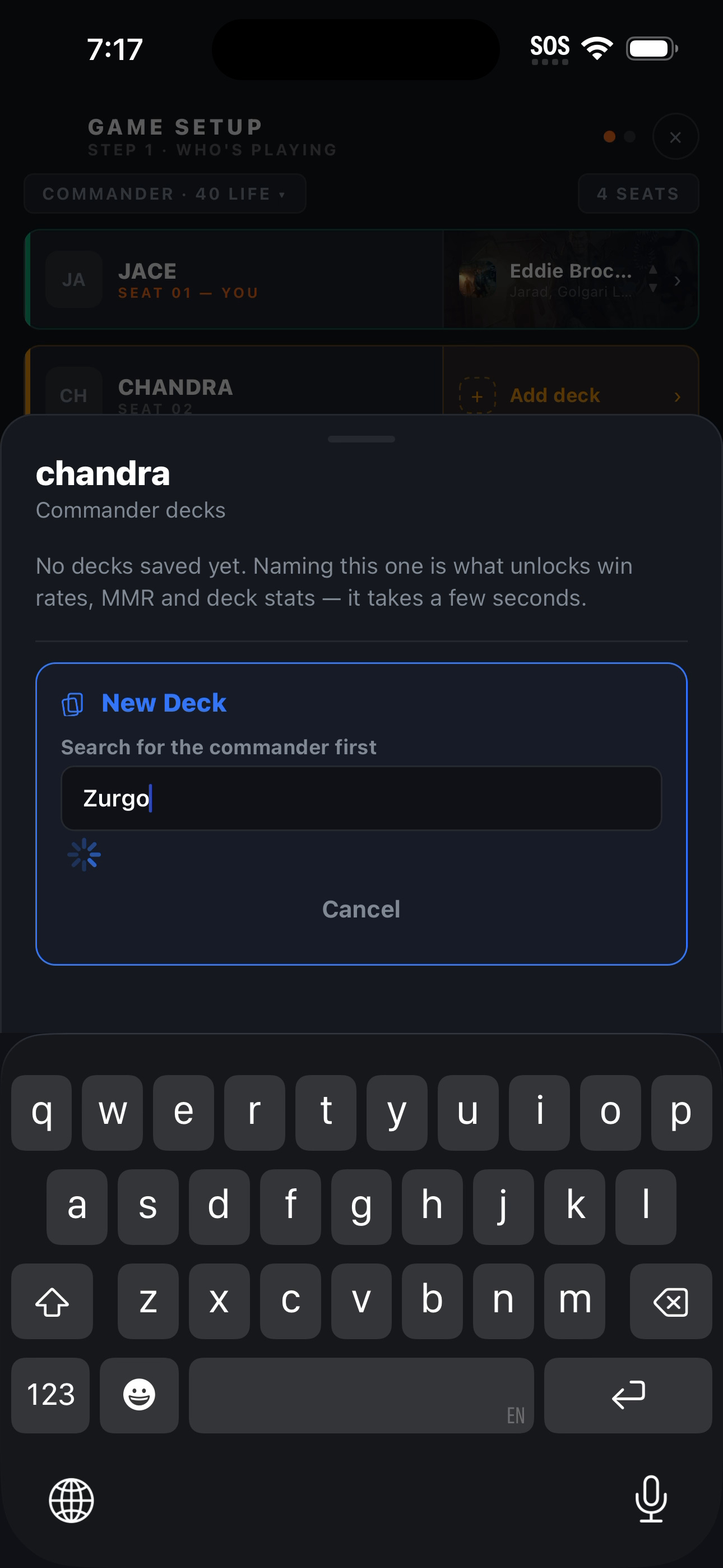 The new deck sheet, searching for a commander by name, above a note explaining that naming the deck is what unlocks its win rate, MMR and stats