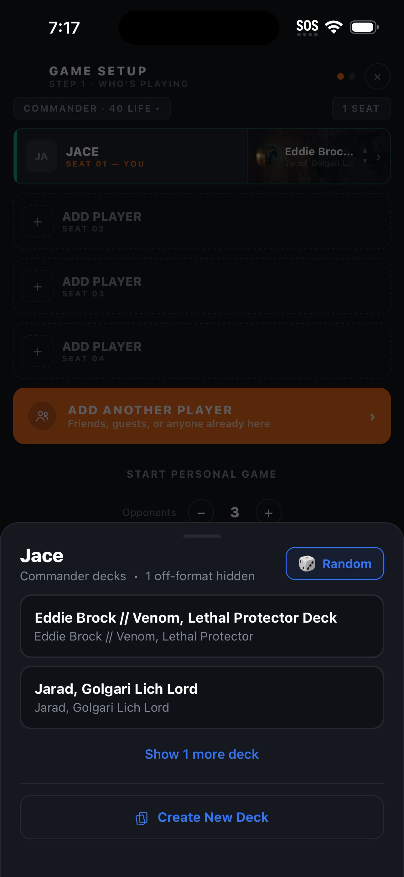 A player's saved Commander decks listed in a picker sheet, with a Random button, a link to show more decks, and a Create New Deck option at the bottom
