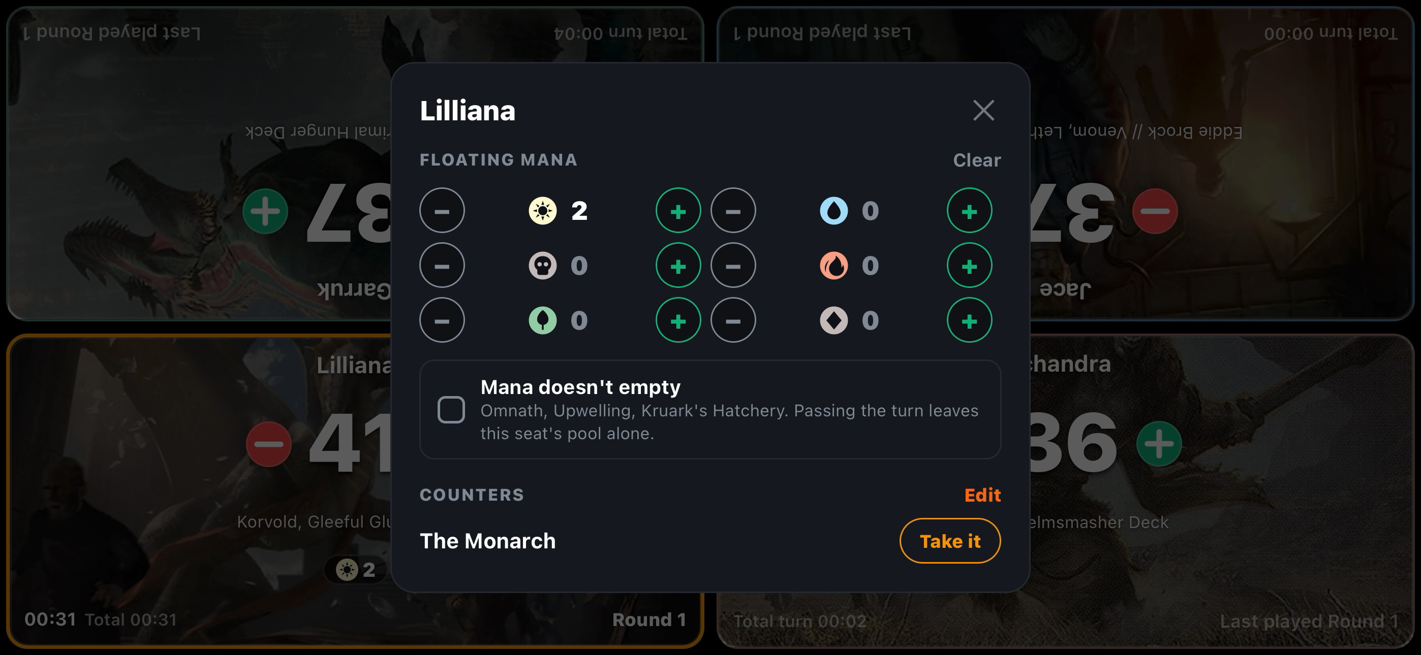 The floating mana panel for one seat, a stepper for each color of mana and for colorless, a mana-doesn't-empty toggle naming Omnath, Upwelling and Kruark's Hatchery, and the seat's counters below it