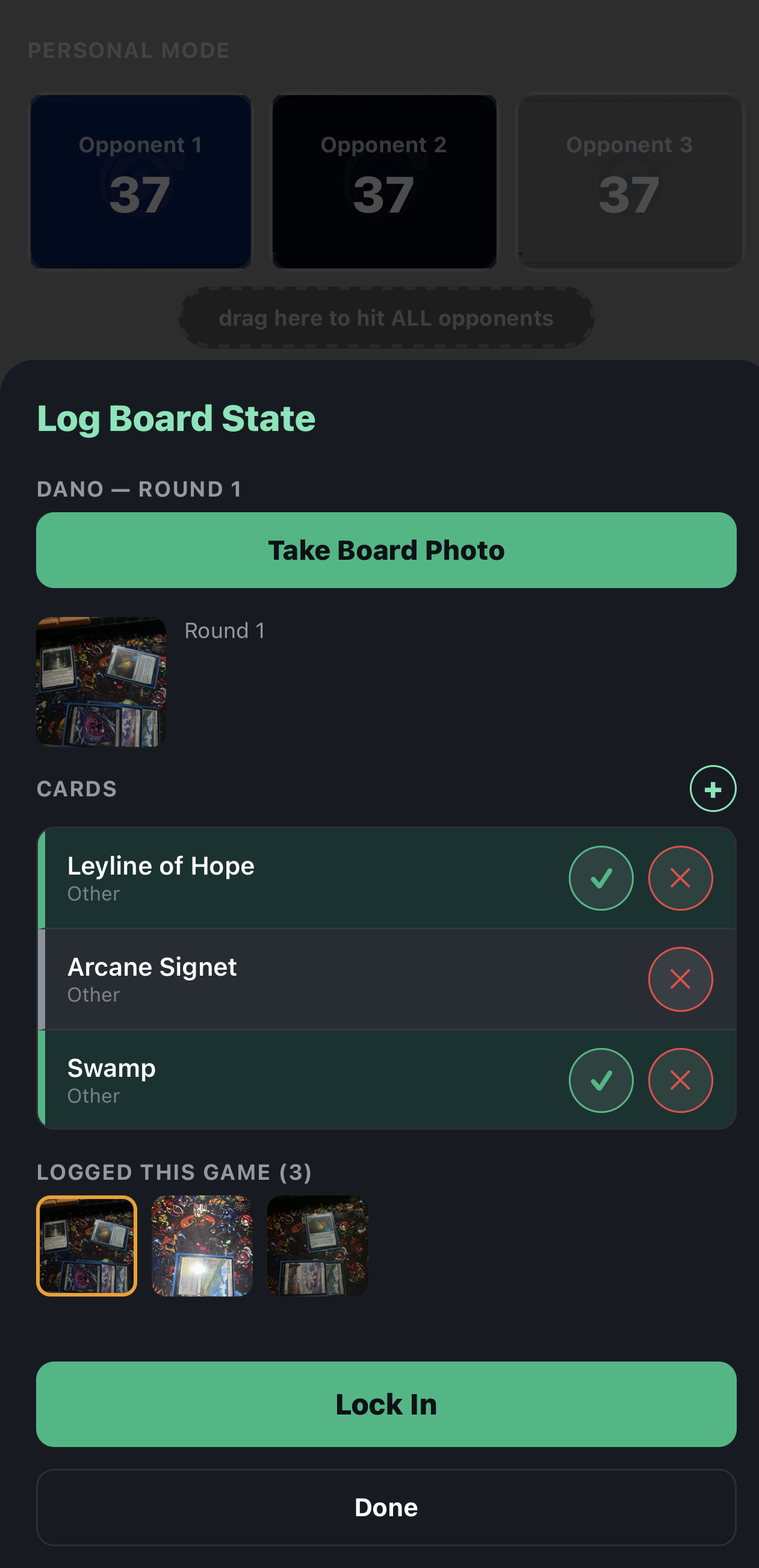 Board State card list for a round, with green checkmarks to confirm and red X buttons to reject each detected card