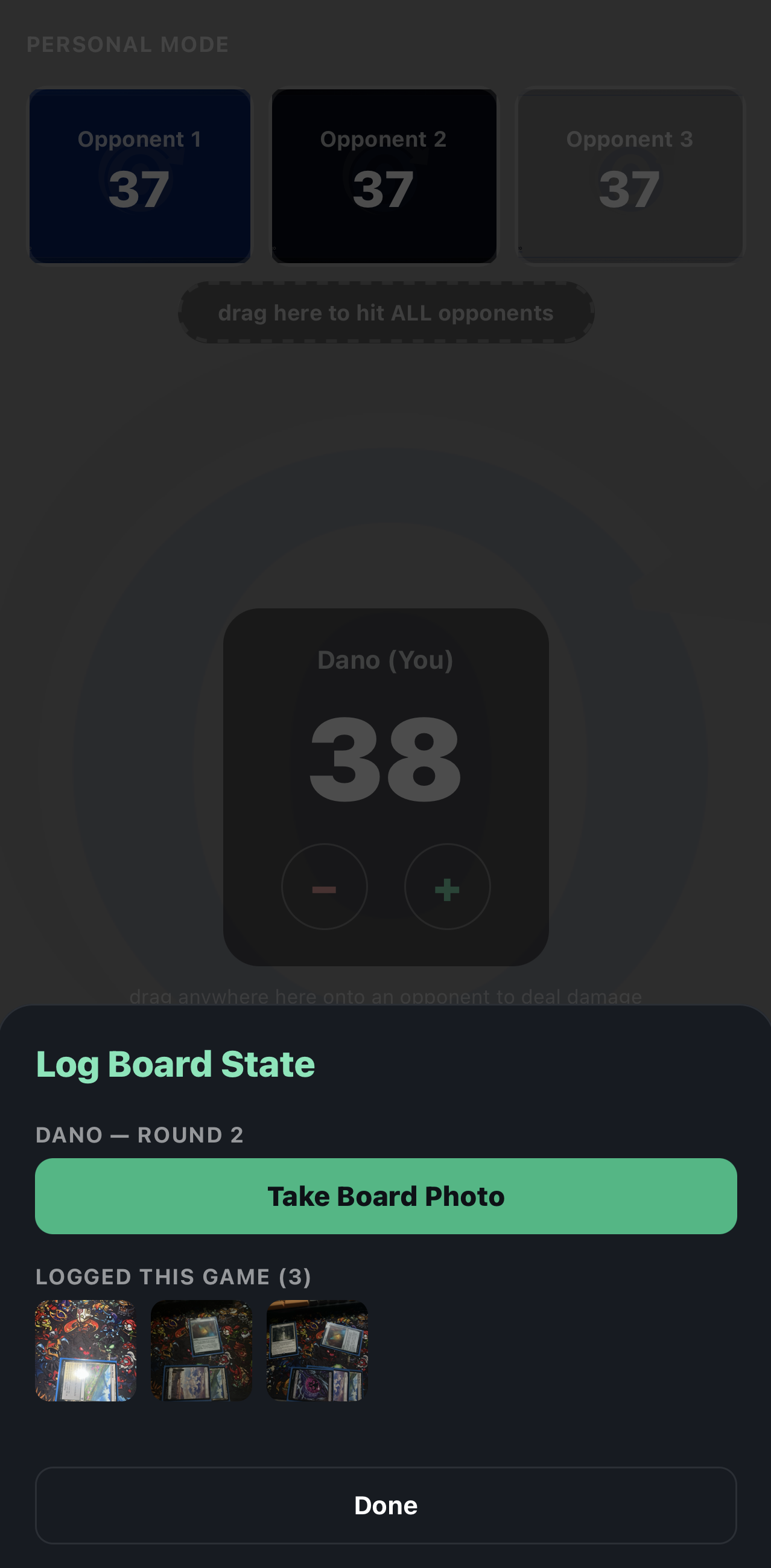 Log Board State screen showing three photos already logged for the current game