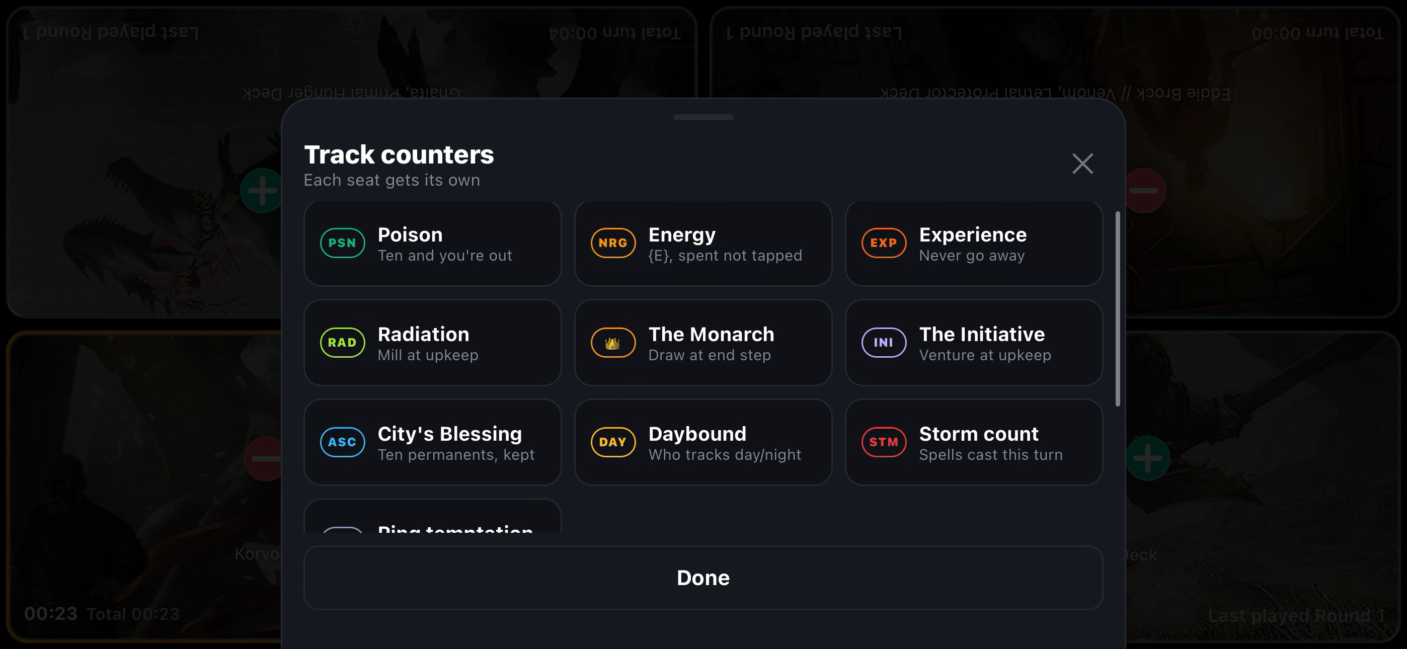 The Track counters sheet, listing poison, energy, experience, radiation, the monarch, the initiative, city's blessing, daybound and storm count, each with a one-line note, under the heading that each seat gets its own