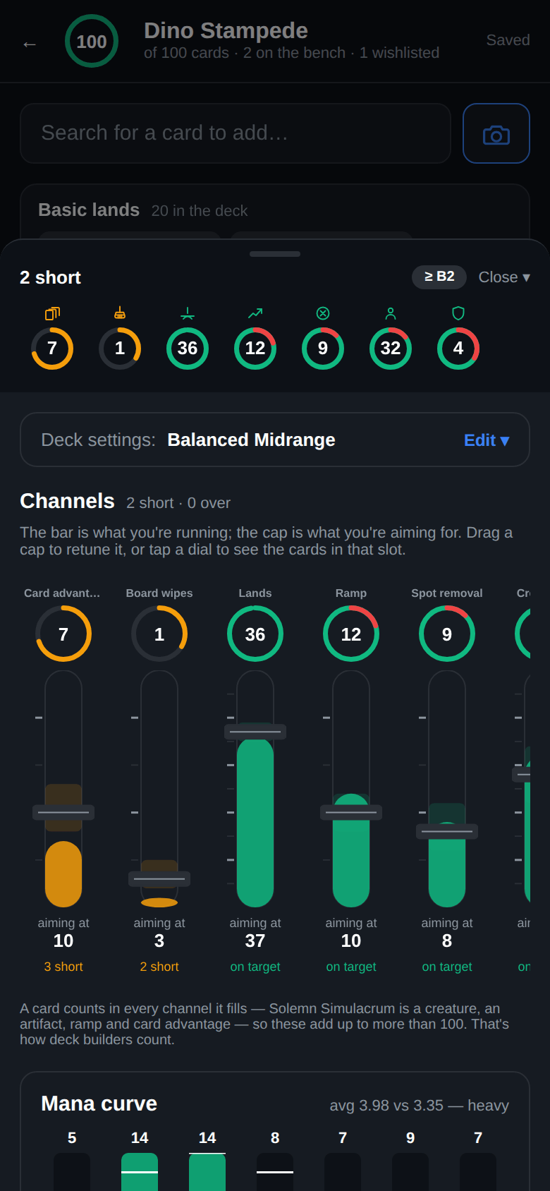 The Deck Lab on a phone with the tuning drawer pulled up over the decklist. A summary strip reads 2 short and shows seven dials, and below it the channel faders for card advantage, board wipes, lands, ramp and spot removal each carry a dial, a fill bar, a draggable target cap and a label reading 3 short, 2 short or on target.