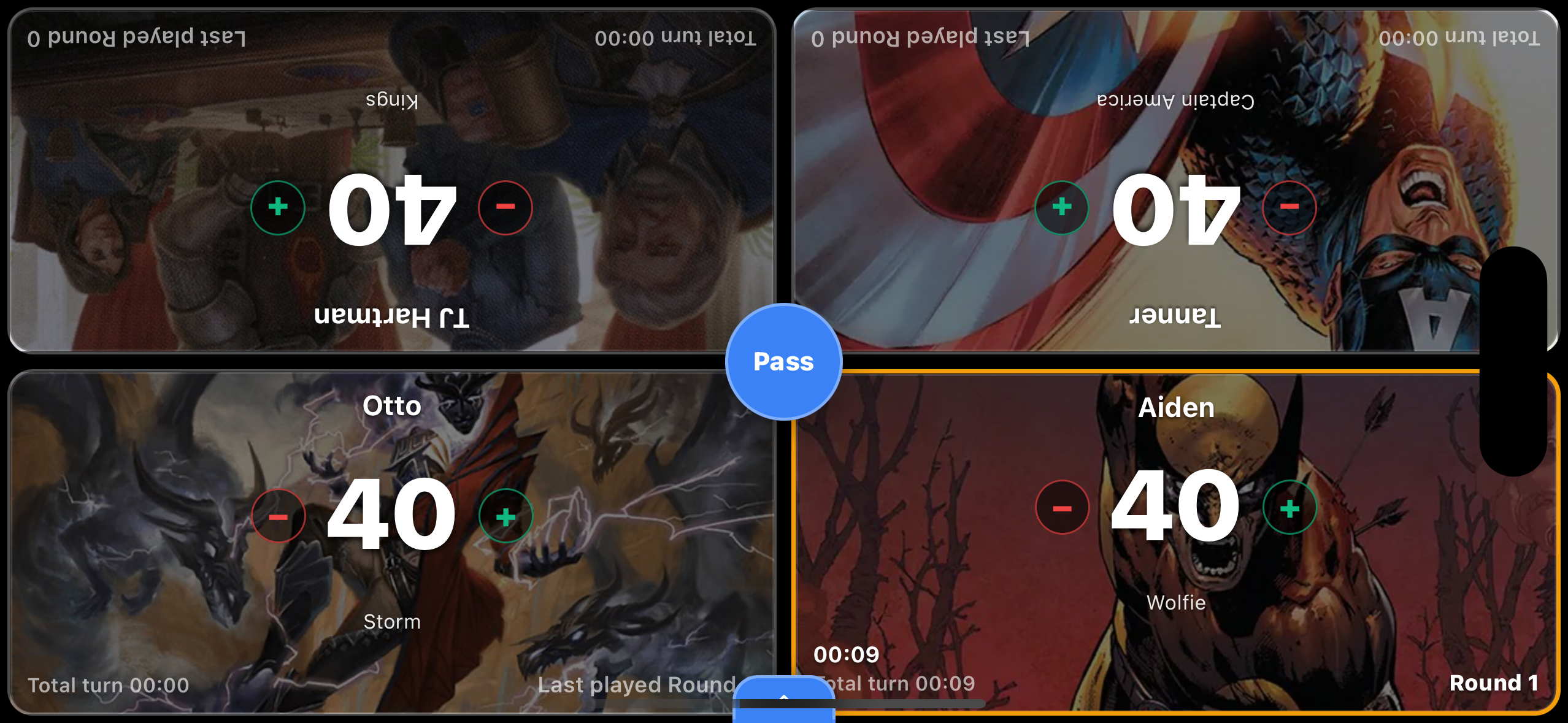 A four-player Commander game in progress in TurnZero HQ, with life totals and card-art backgrounds for each player
