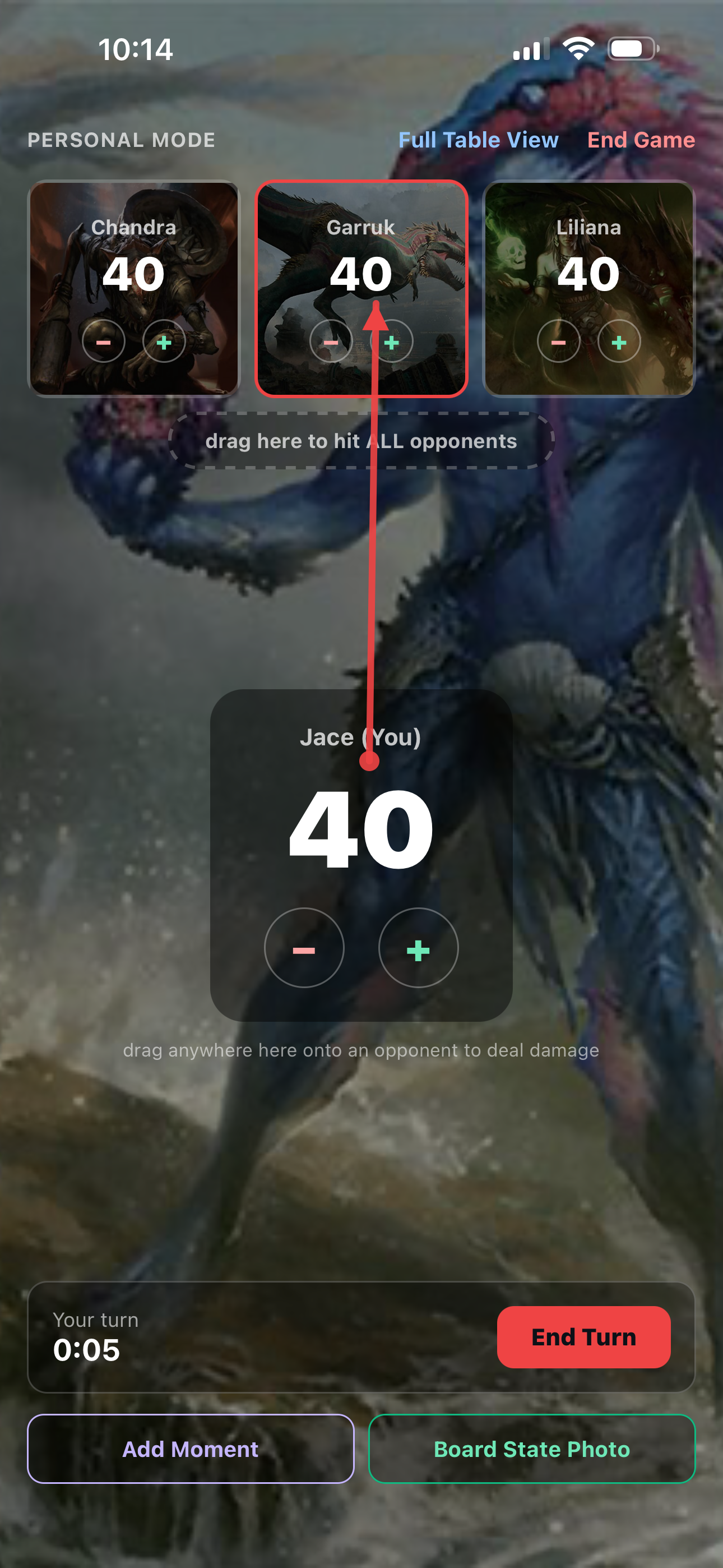 Dragging your life total onto an opponent in Personal Mode to deal damage, with a 'drag here to hit ALL opponents' option