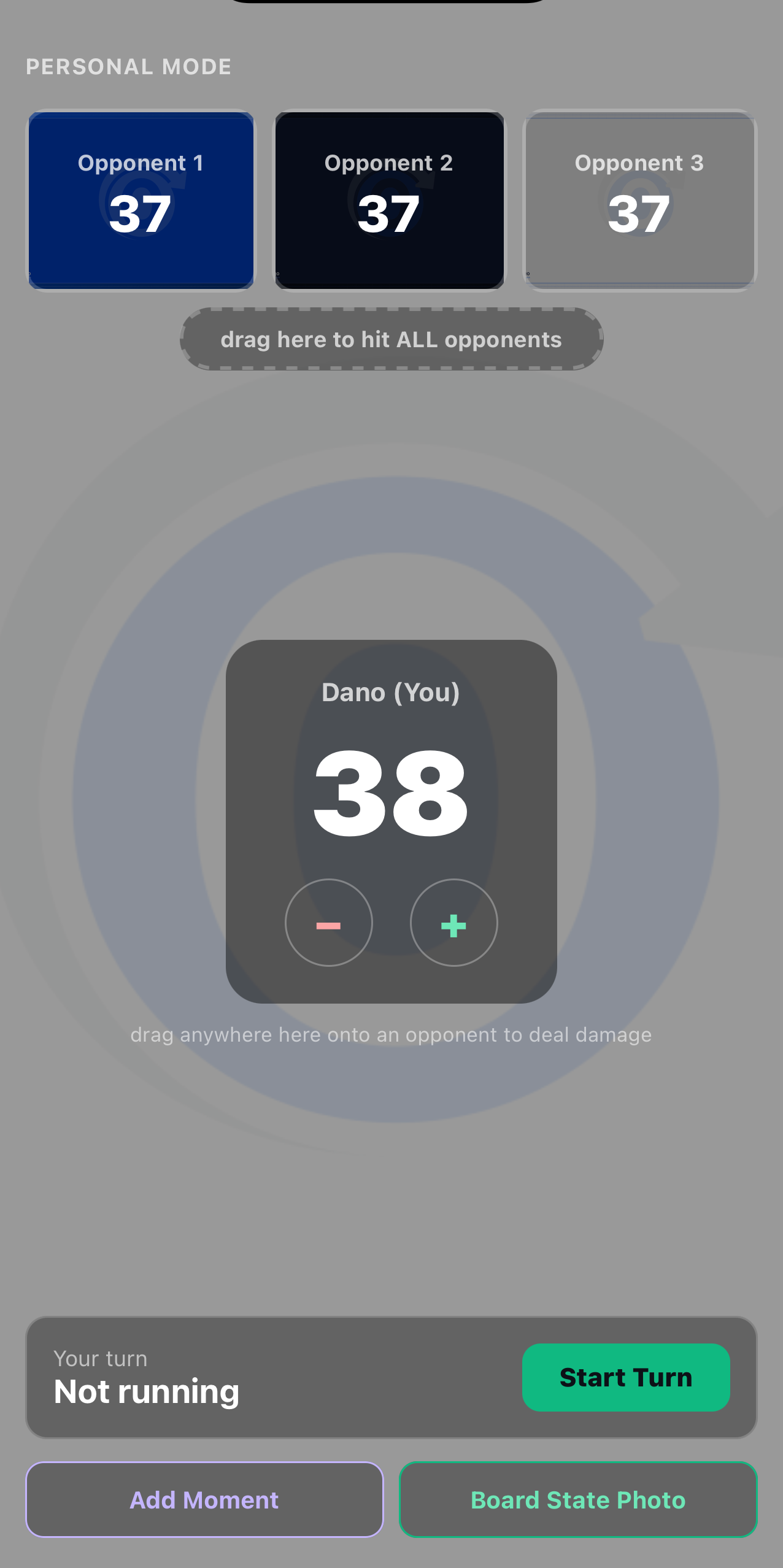 Personal Mode screen showing three opponent life totals, your own life total, the turn timer, Add Moment, and Board State Photo buttons