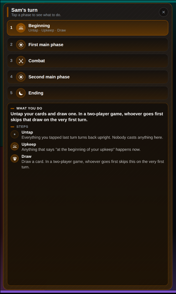 Phase coach with Beginning open, showing what you do and the Untap, Upkeep and Draw steps