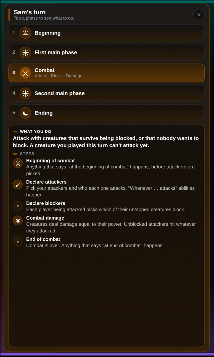 Phase coach with Combat open, listing beginning of combat, declare attackers, declare blockers, combat damage and end of combat