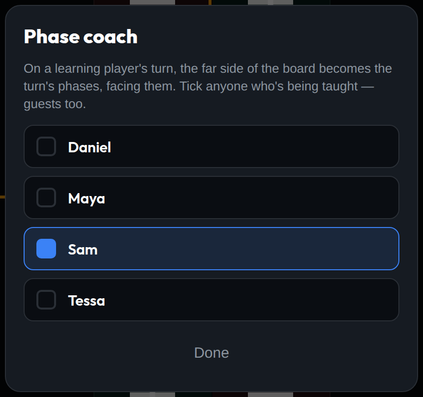 The Phase coach picker from the Game Menu, listing Daniel, Maya, Sam and Tessa with Sam ticked