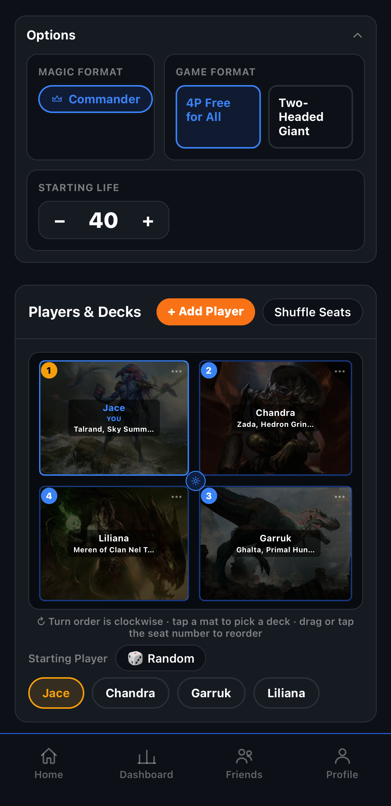 TurnZero HQ pod setup screen: Commander format, 4P Free for All, 40 starting life, and each player's seat and deck assigned before the game starts