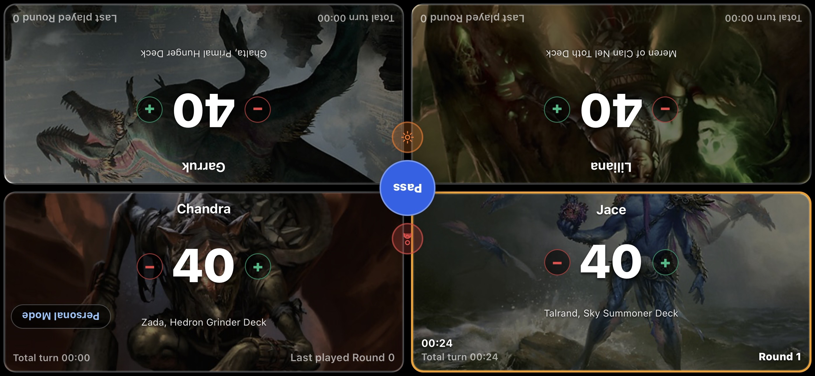 A four-player Commander game in progress in TurnZero HQ, with life totals and deck names for all four seats around the table