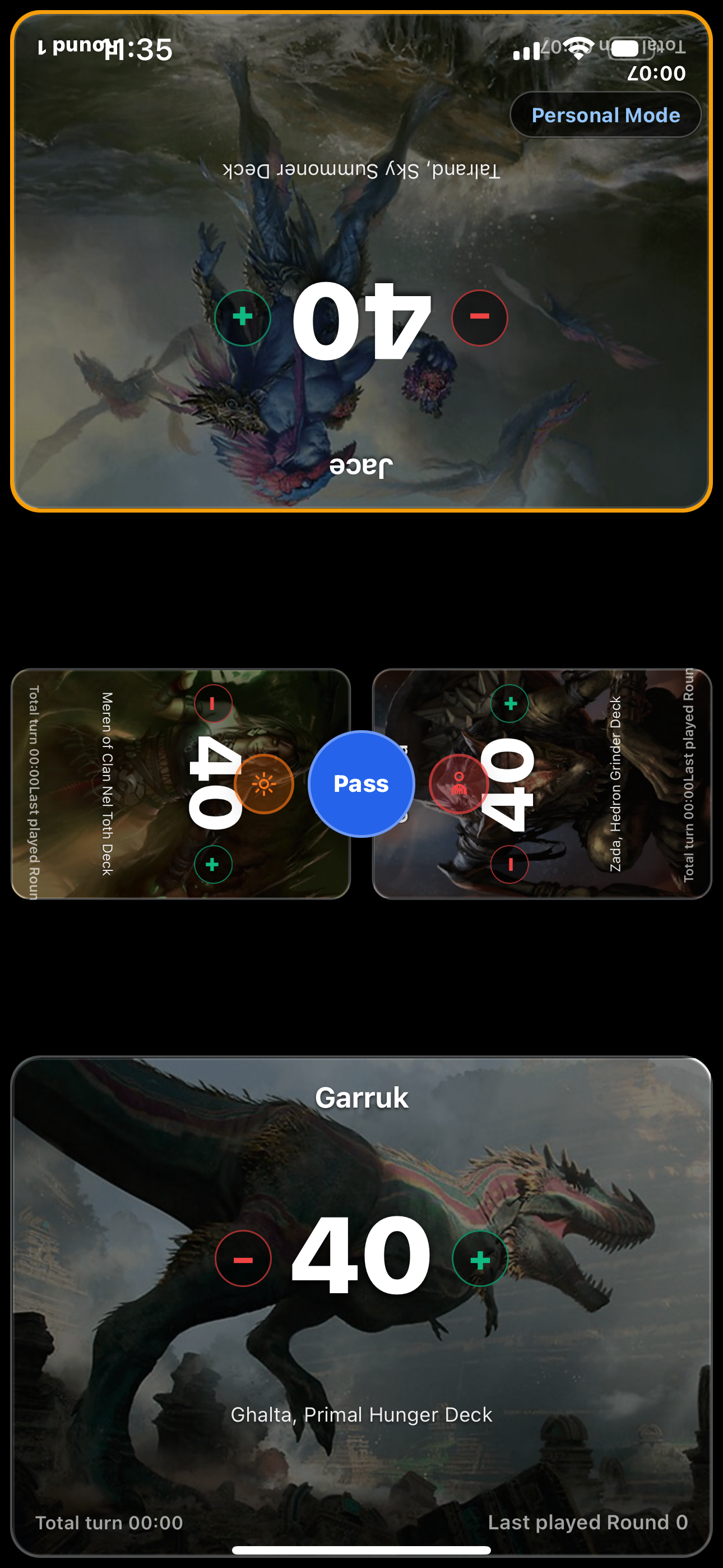 A four-player Commander pod in TurnZero HQ mid-game, with life totals, deck names, and a Pass button to move the turn along