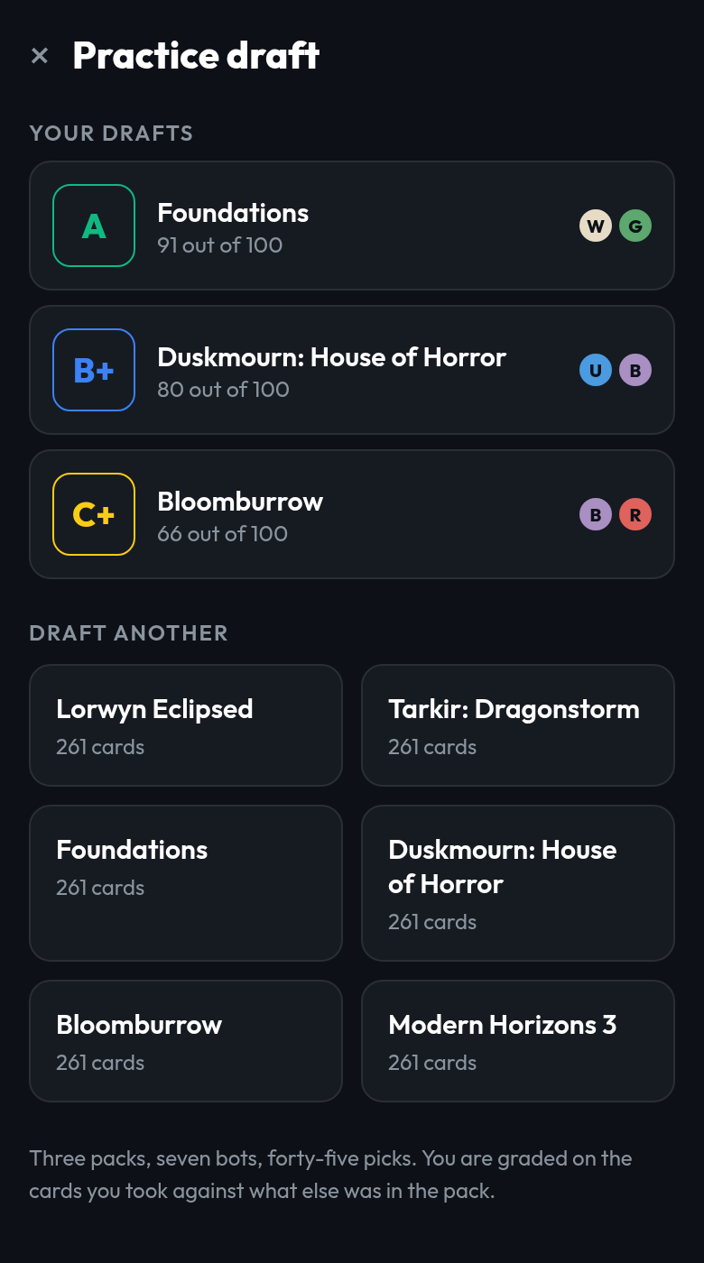 The practice draft screen in the TurnZero HQ app: three finished drafts graded A, B+ and C+ with their colors, above a grid of six sets to draft