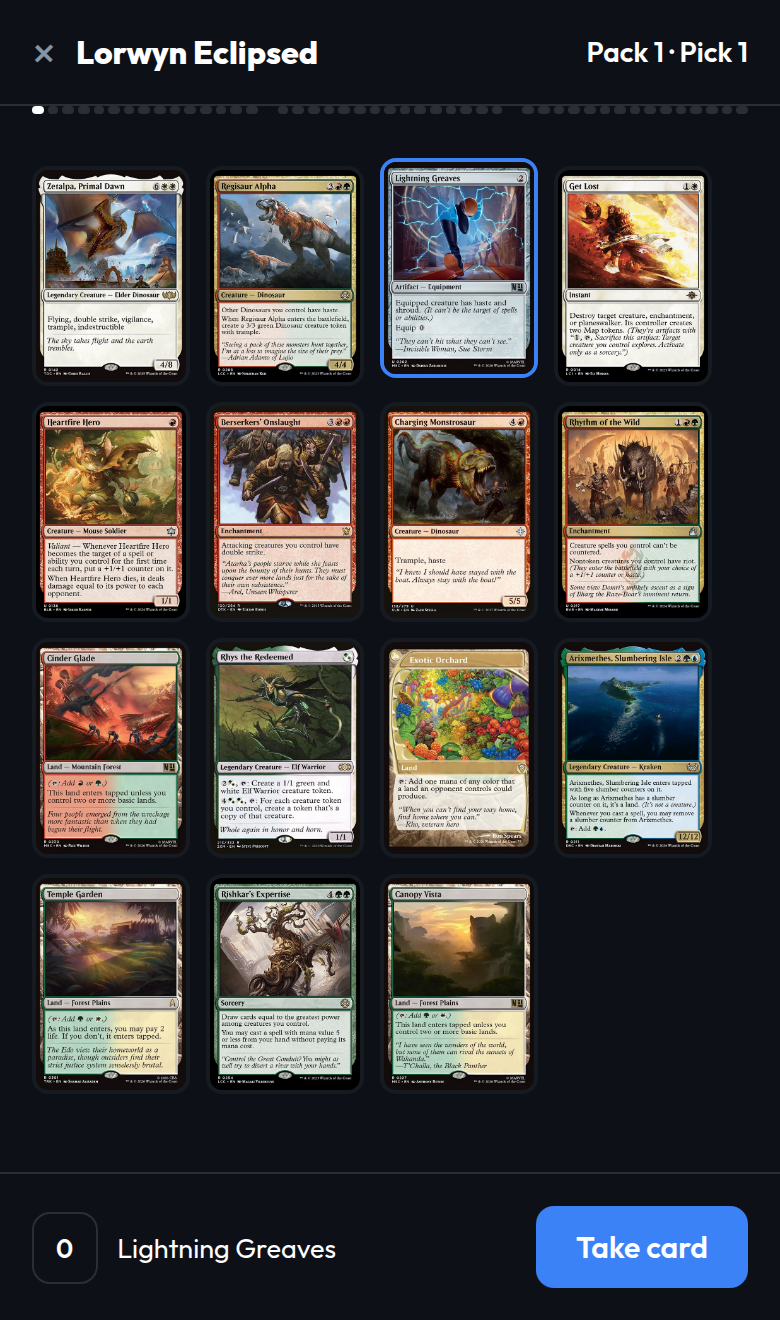 A fifteen-card pack in the TurnZero HQ app, four cards to a row, with Lightning Greaves selected and outlined in blue and a Take card button along the bottom