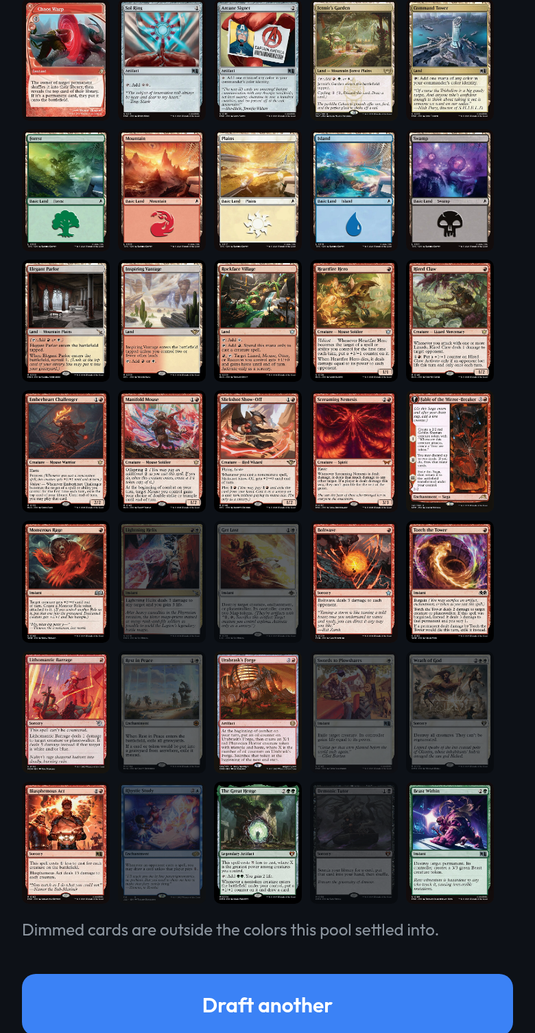 The finished pool from a practice draft laid out five cards to a row, with the cards outside the pool's two colors dimmed