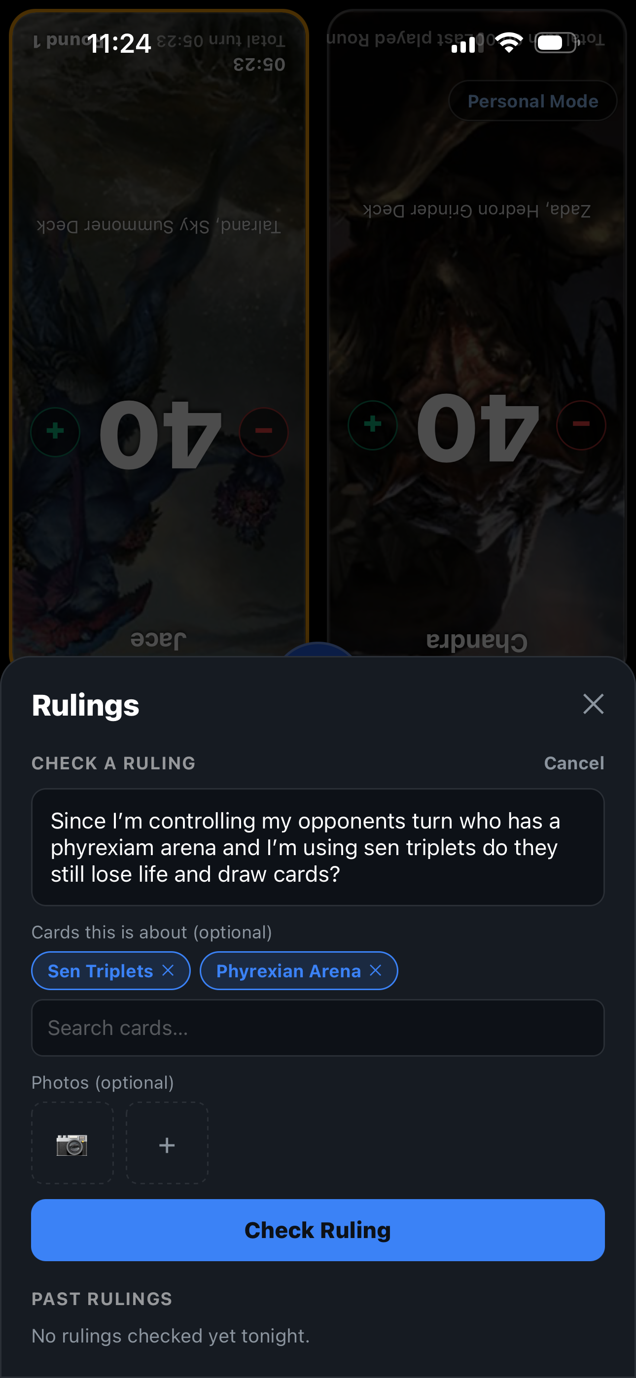Check a Ruling form with a typed rules question, tagged cards, and optional photo attachment