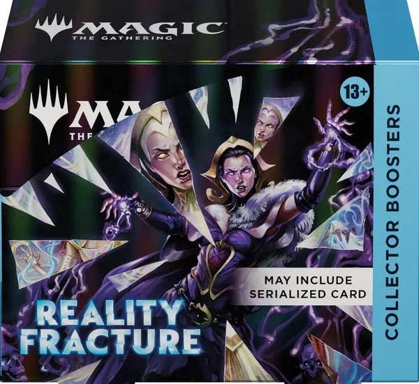 Reality Fracture Collector Booster Box, purple packaging with Liliana and shattered-mirror art, marked 'may include serialized card'