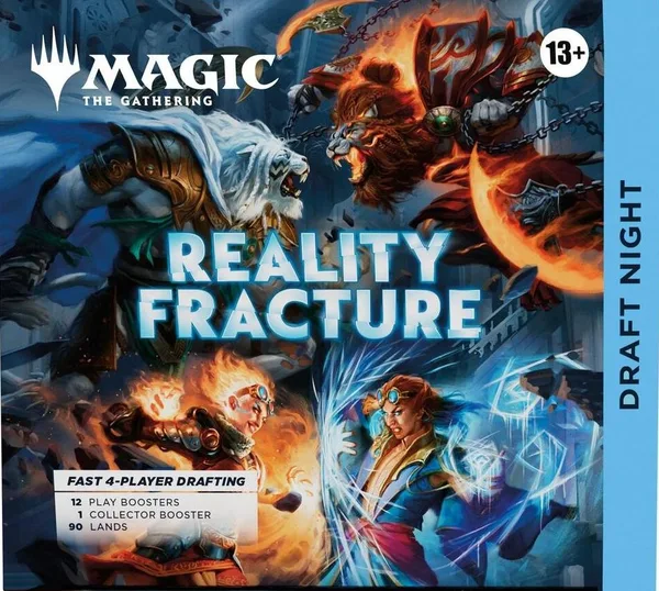Reality Fracture Draft Night box, marked 'fast 4-player drafting: 12 Play Boosters, 1 Collector Booster, 90 lands'