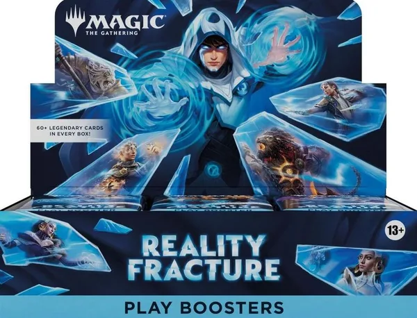 Reality Fracture Play Booster Box display, blue packaging with Jace in a white hood