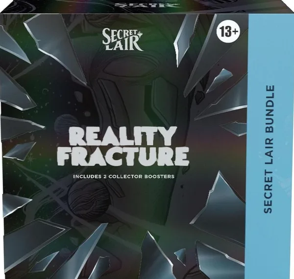 Reality Fracture Secret Lair Bundle box, black shattered-glass packaging, marked 'includes 2 Collector Boosters'